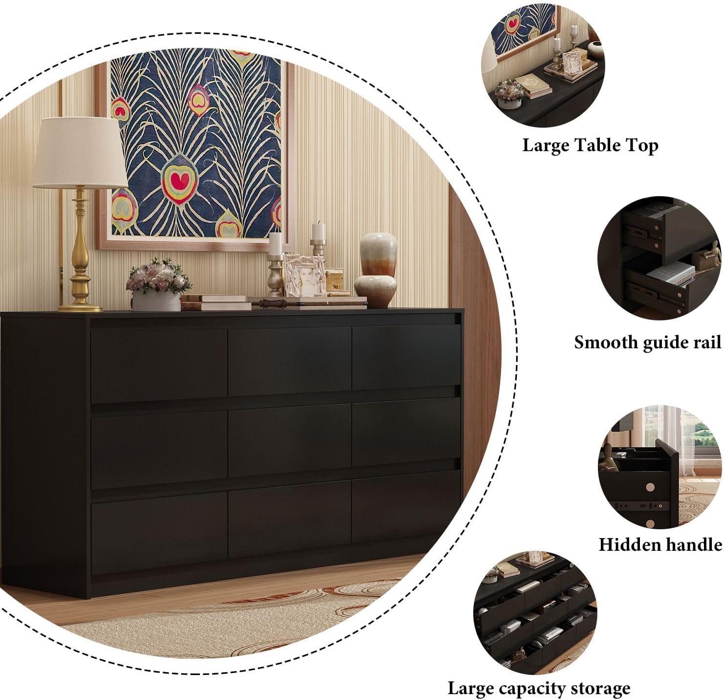 FAMAPY Chest of Drawers Dresser No Handles, 6 Drawer Dresser with Wide Storage, Modern Contemporary 6-Drawer Chest, for Bedroom Black (59”W x 15.7”D x 32.3”H)
