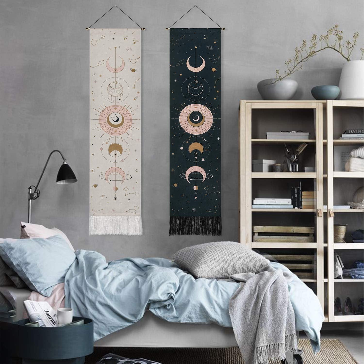 2 Pack Moon Phase Tapestry Moon Tapestry Wall Hanging Art Bohemian Tapestries Black and White Tapestry for bedroom Modern Home Decor (Black+White, 12.8 x 51.2 inches)