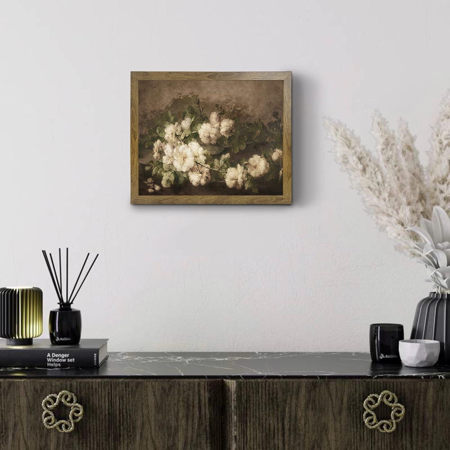 Vintage White Floral Landscape Canvas Print with Brown Frame