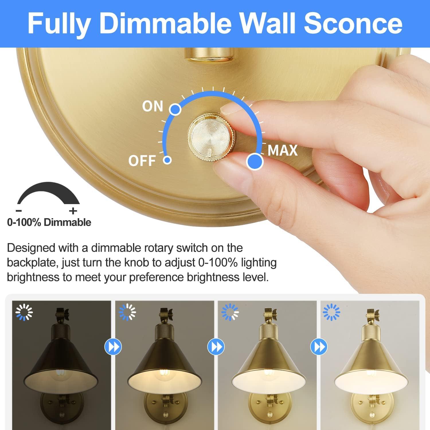 TRLIFE Wall Sconce Plug In, Dimmable Wall Sconce Brushed Brass Swing Arm Wall Lights with Plug in Cord and Dimmer On/Off Knob Switch, Wall Mounted Light for Bedside Bedroom Stairway (1 Pack, 1 Bulb)