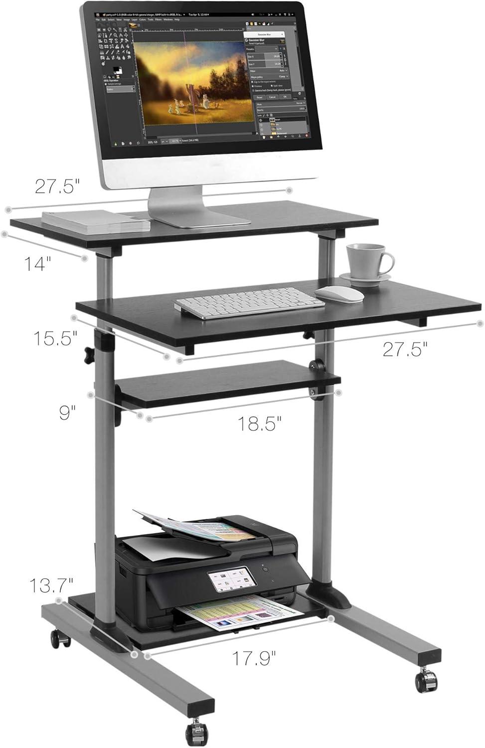 TechOrbits Rolling Desk for Laptop - Standing or Sitting Mobile Computer Cart with Wheels, Adjustable Height & 27.5-inch Surface - Portable Home Office Workstation - Black