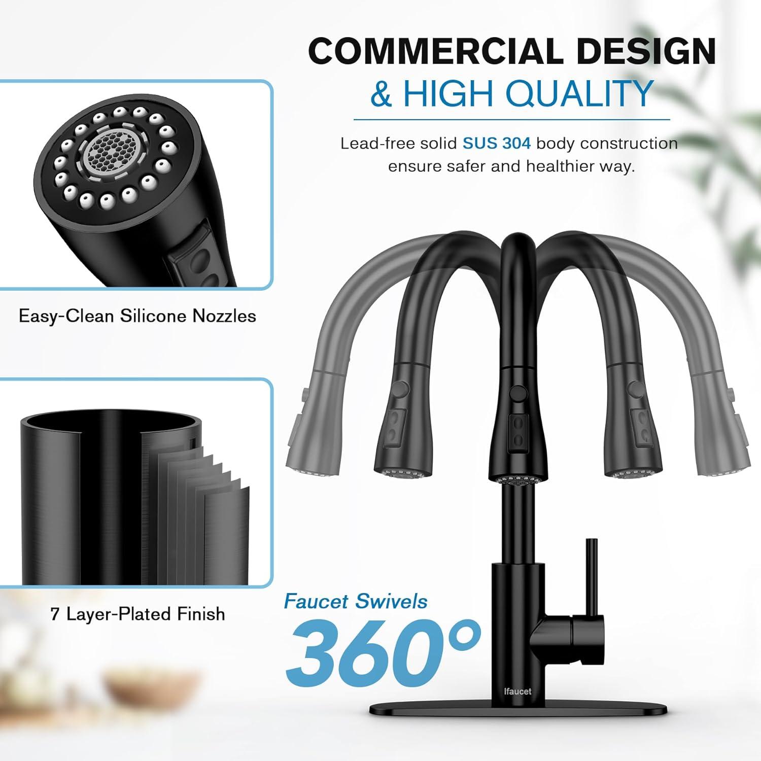 Black Kitchen Sink Faucet, Kitchen Faucet with Pull Down Sprayer, Stainless Steel Single Handle Faucet for Kitchen Sink with Deck Plate, Fitted for RV, Bar, Laundry, Apartments, Farmhouse