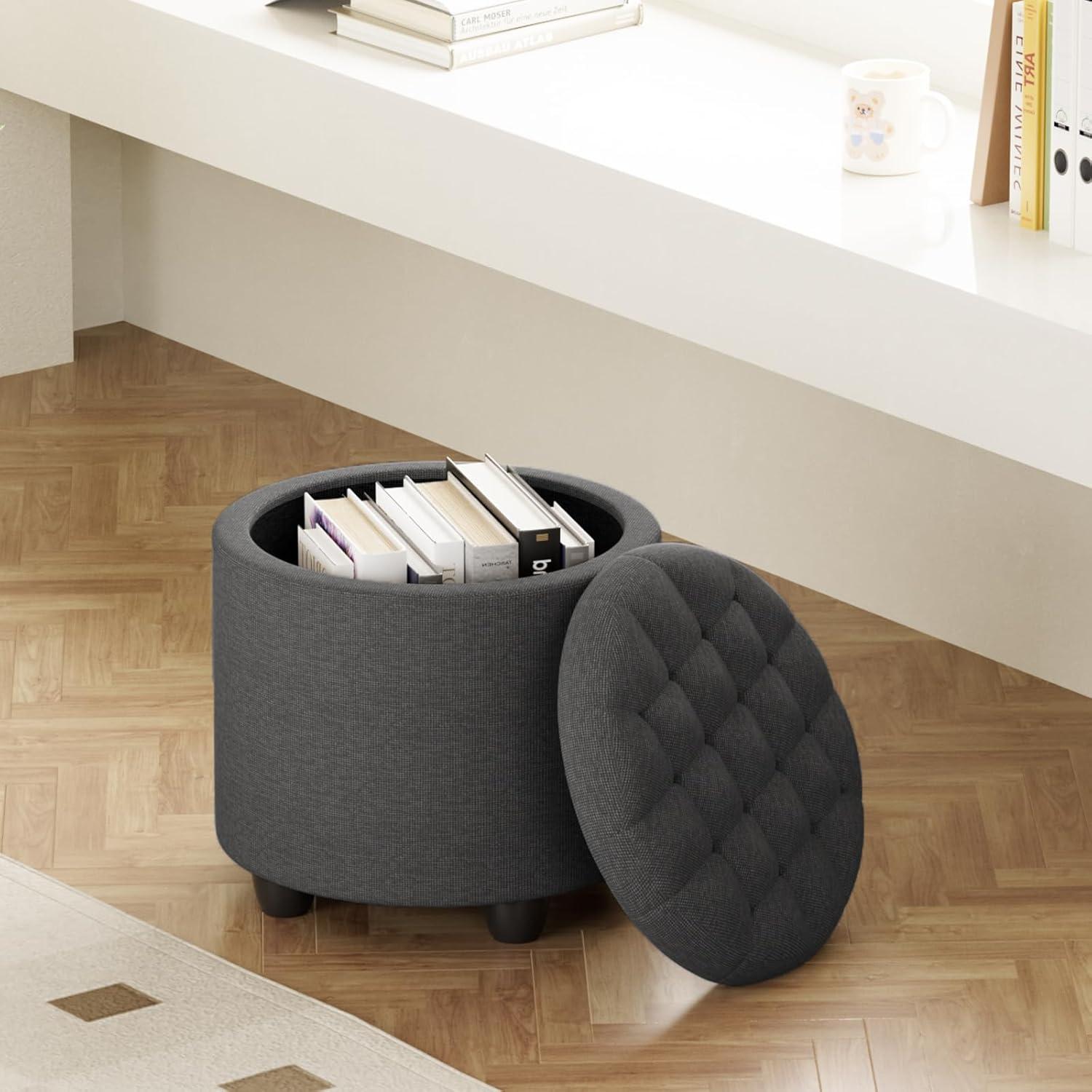 Dark Gray Linen Round Storage Ottoman with Black Wood Legs