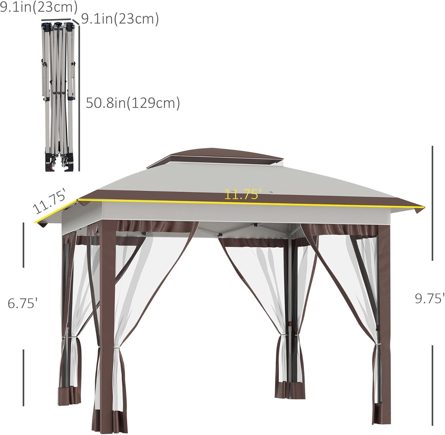 Outsunny 12' x 12' Pop Up Canopy Heavy Duty Sun Shade Instant Tent Folding with Center Lift Hook Design, 3-Level Adjustable Height, Beige