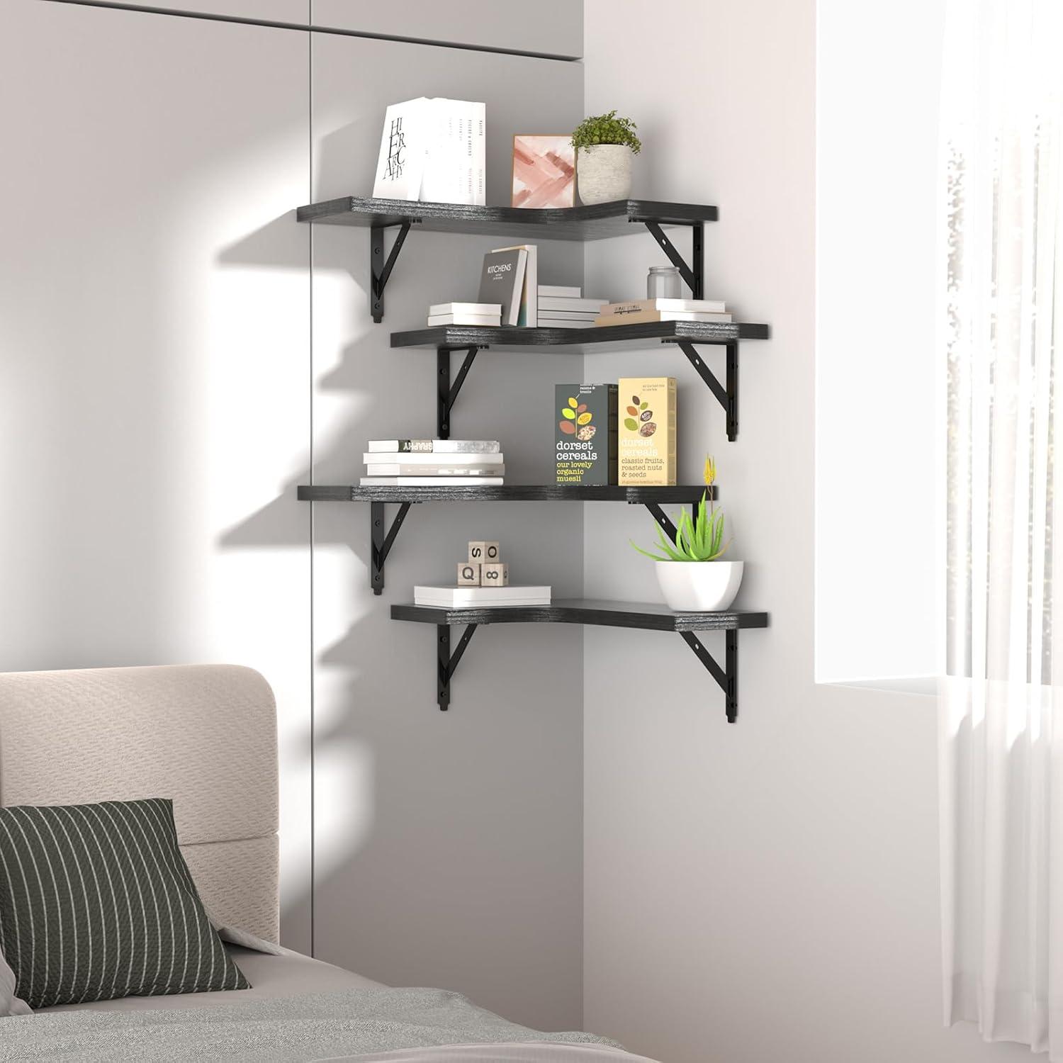 Black Rustic Wood L-Shaped Corner Floating Shelves, Set of 4