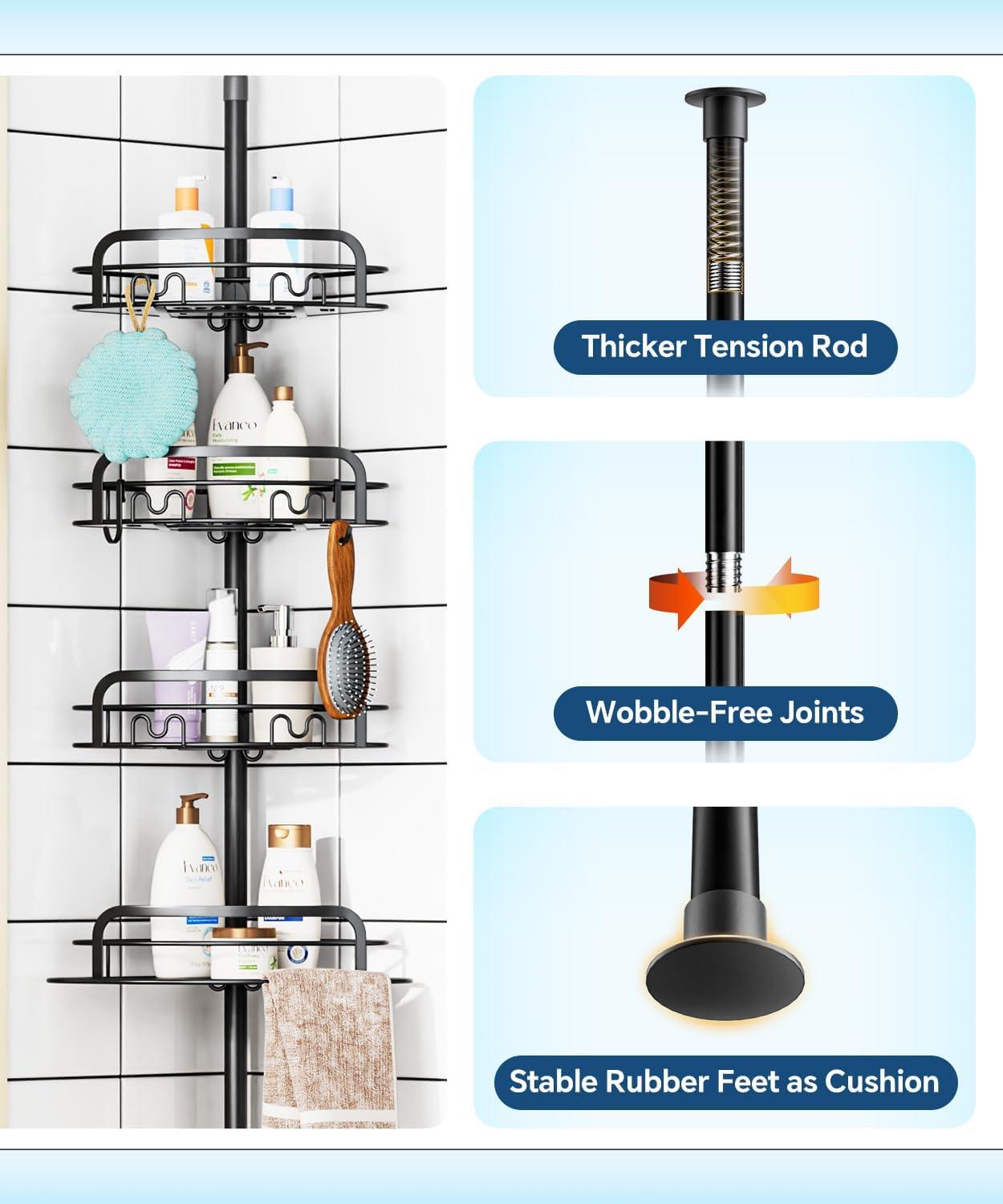 Black Stainless Steel 4-Tier Tension Mount Shower Caddy