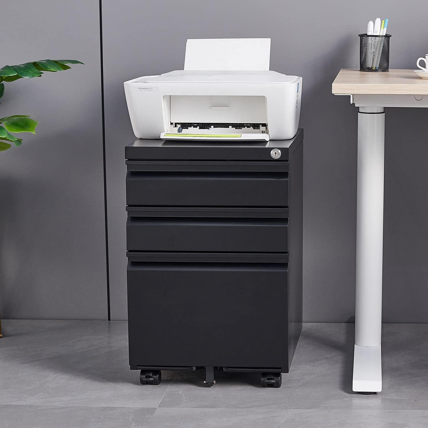 MIIIKO File Cabinet 3 Drawers on Wheels Under Desk, Black Metal Rolling File Cabinets with Lock for Home Office, Un-Assembled Filing Cabinet with Lock