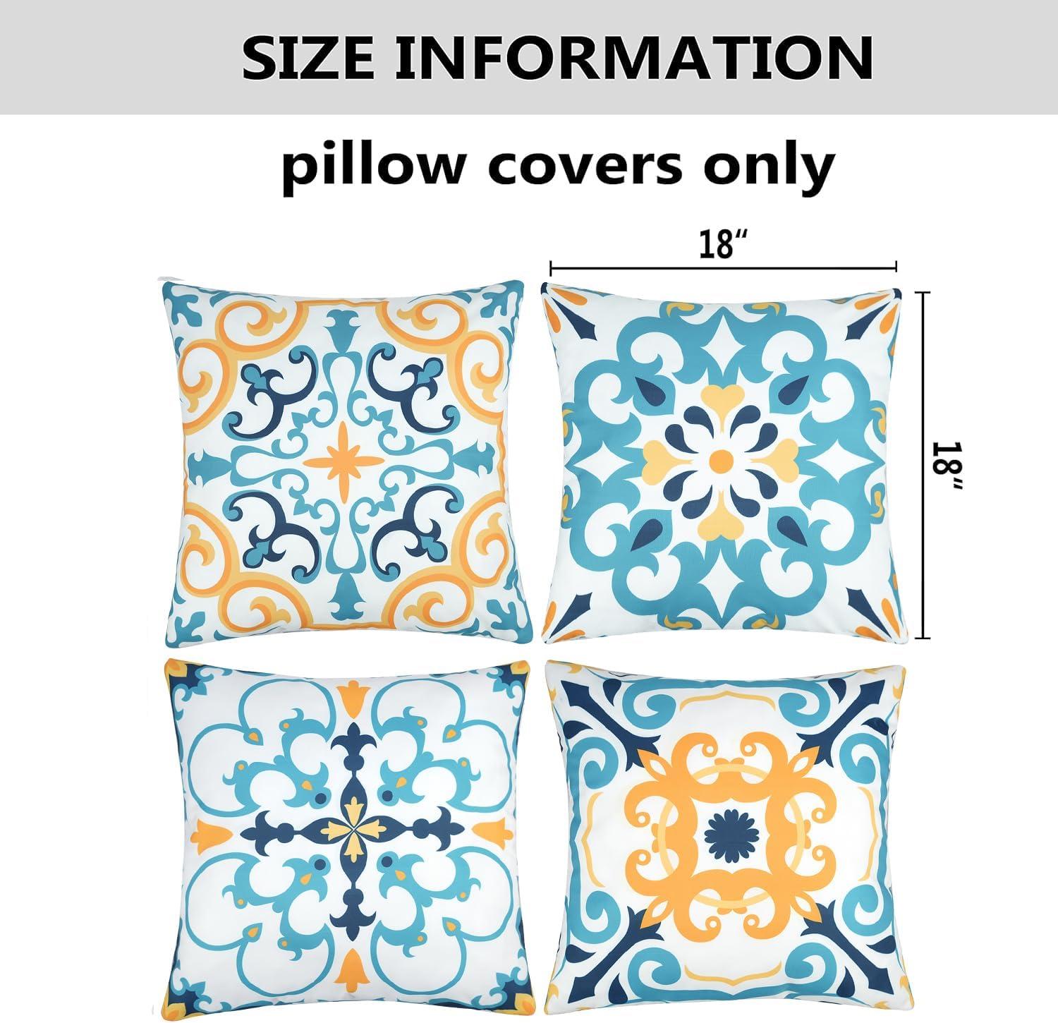 Set of 4 Blue and Yellow Boho Floral Waterproof 18" Square Pillow Covers