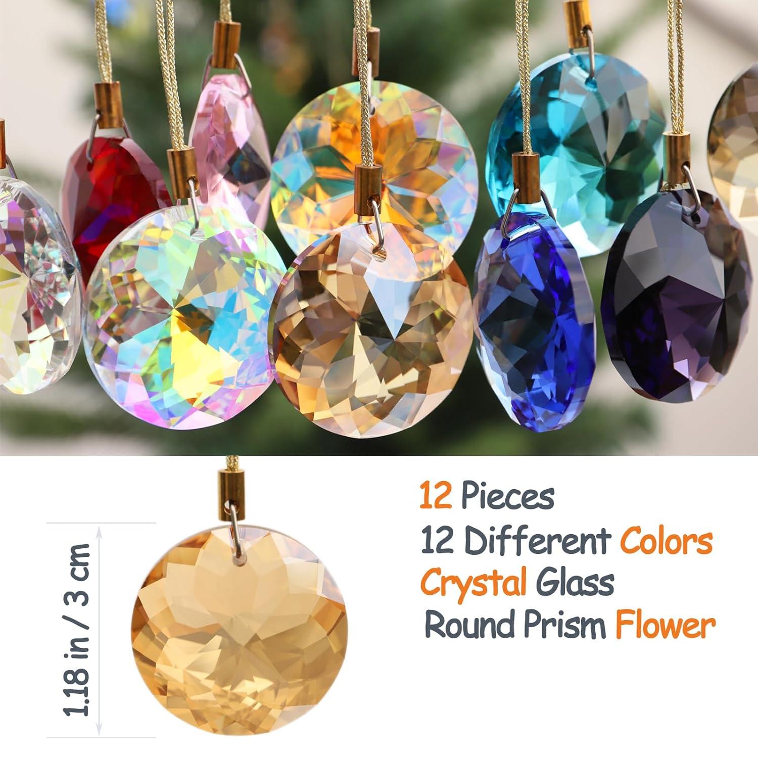 12 Pcs Crystal Glass Christmas Balls Ornaments, 1.18″ Mini Round Prism Flower Xmas Tree Decorations, Hanging Ornament for Wedding Party Home Decor (Multicolor)
