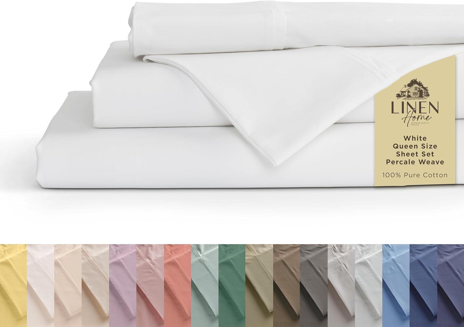 100% Cotton Percale Sheets Queen Size, White, Deep Pocket, 4 Piece - 1 Flat, 1 Deep Pocket Fitted Sheet and 2 Pillowcases, Crisp Cool and Strong Bed Linen