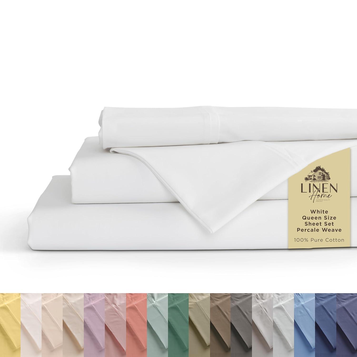 100% Cotton Percale Sheets Queen Size, White, Deep Pocket, 4 Piece - 1 Flat, 1 Deep Pocket Fitted Sheet and 2 Pillowcases, Crisp Cool and Strong Bed Linen