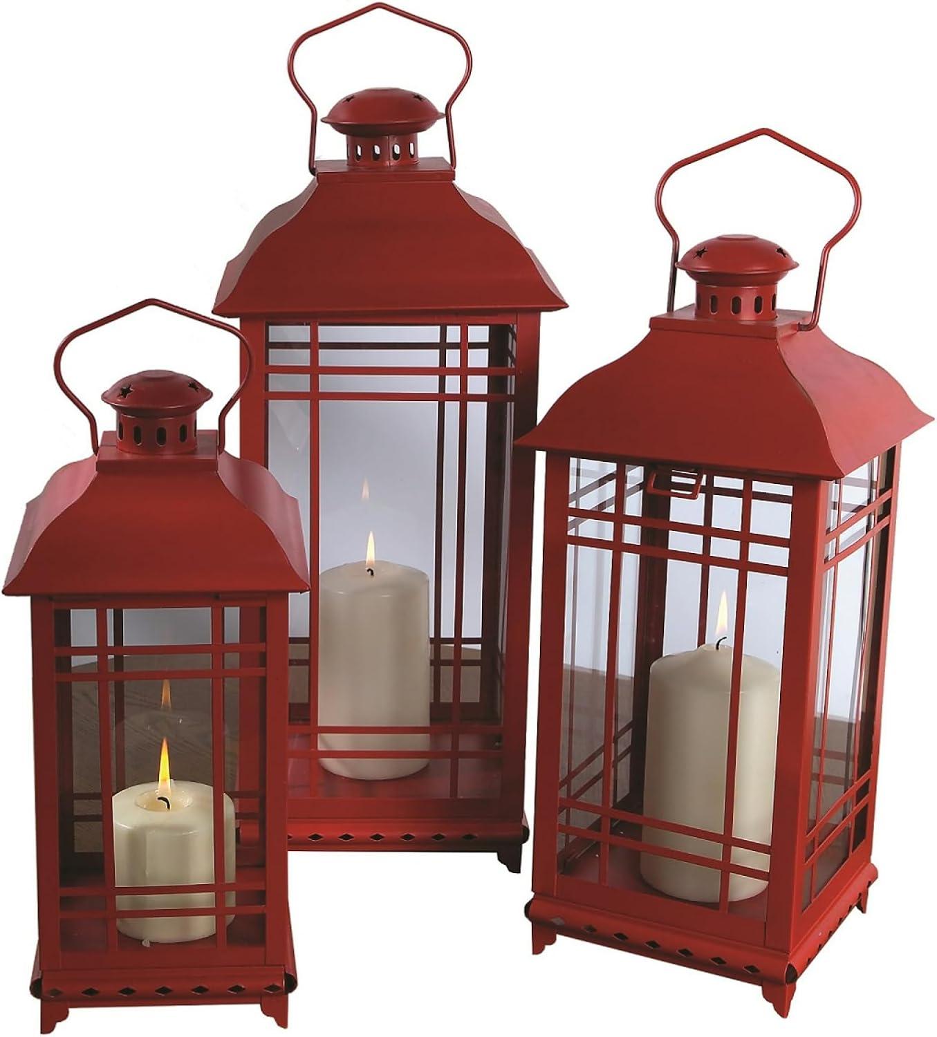 Melrose Lantern, Metal & Glass, Set of 3, Red, Candle Lantern Rustic Farmhouse Decor for Patio, Deck and Garden and Hanging Outside Light