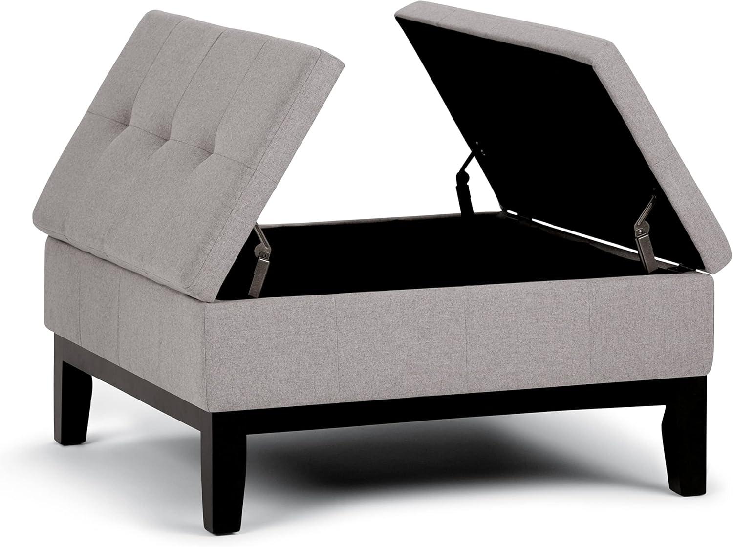 Simpli Home Dover 36"W Upholstered Square Coffee Table Storage Ottoman with Split Tufted Lift Top