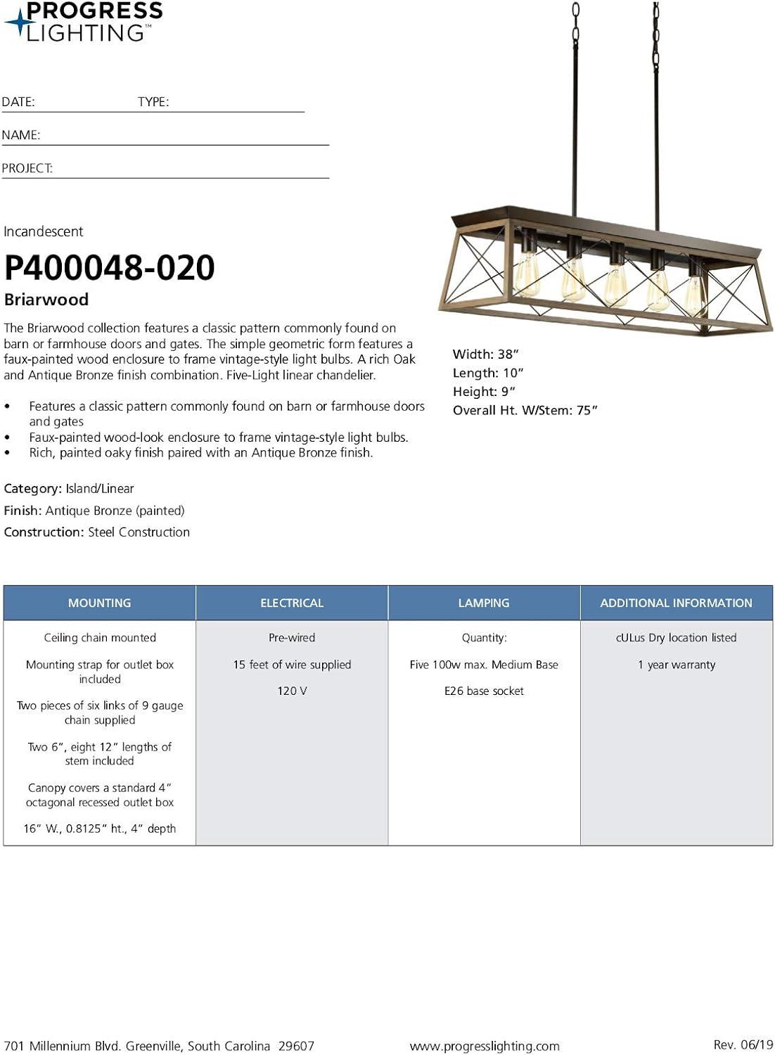 Progress Lighting Briarwood 5-Light Linear Chandelier, Antique Bronze, Faux-Painted Wood Enclosure