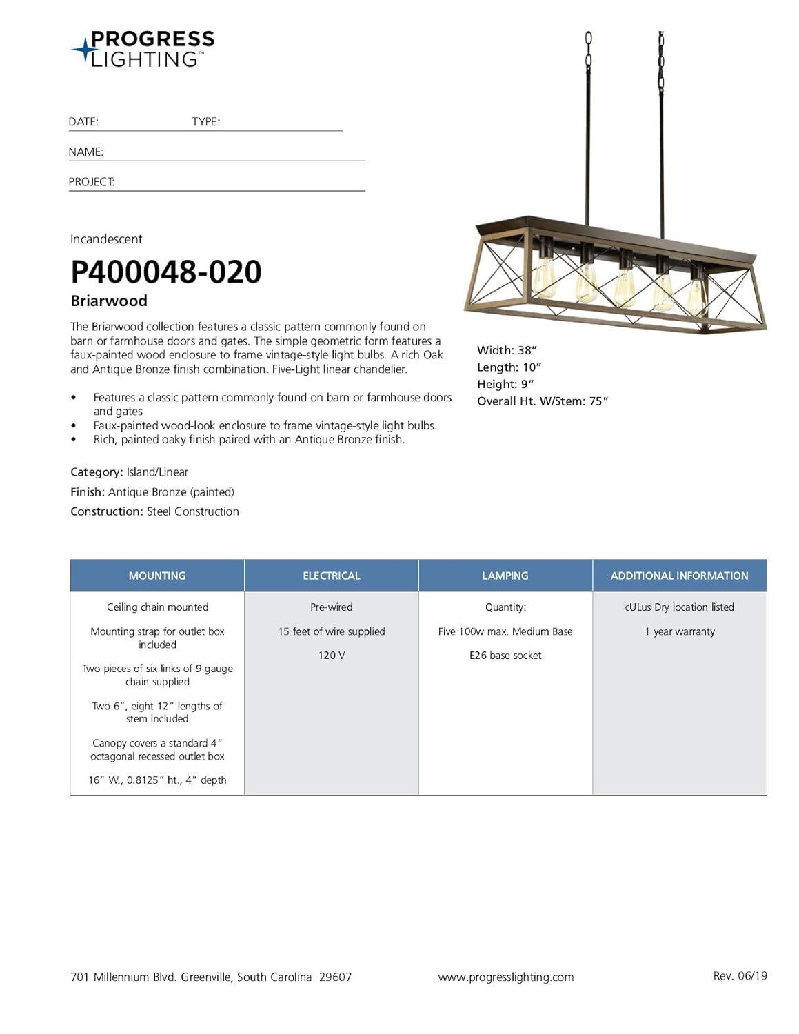 Progress Lighting Briarwood 5-Light Linear Chandelier, Antique Bronze, Faux-Painted Wood Enclosure