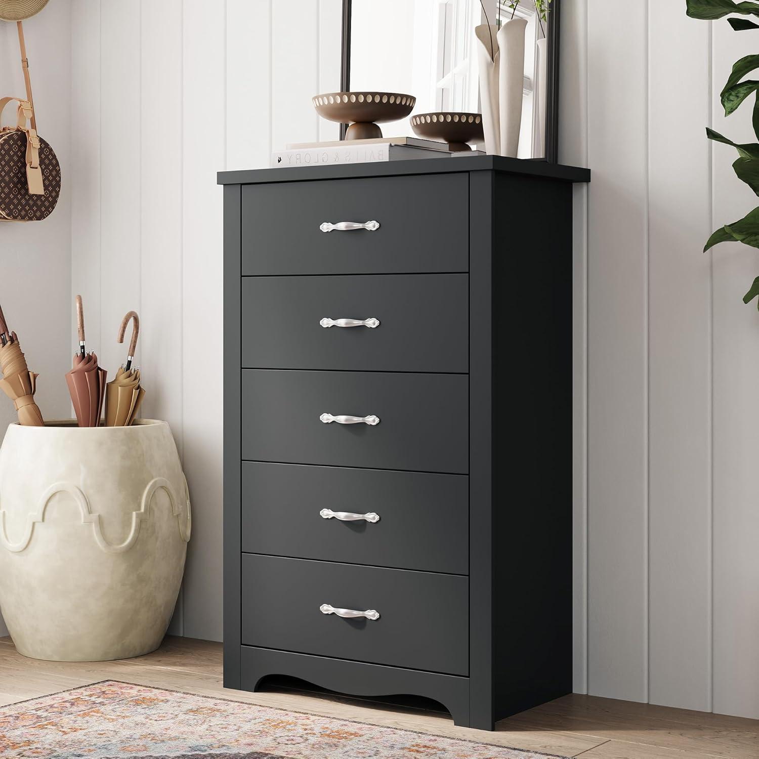 LINSY HOME Black Dressers,Chest of 5 Drawers