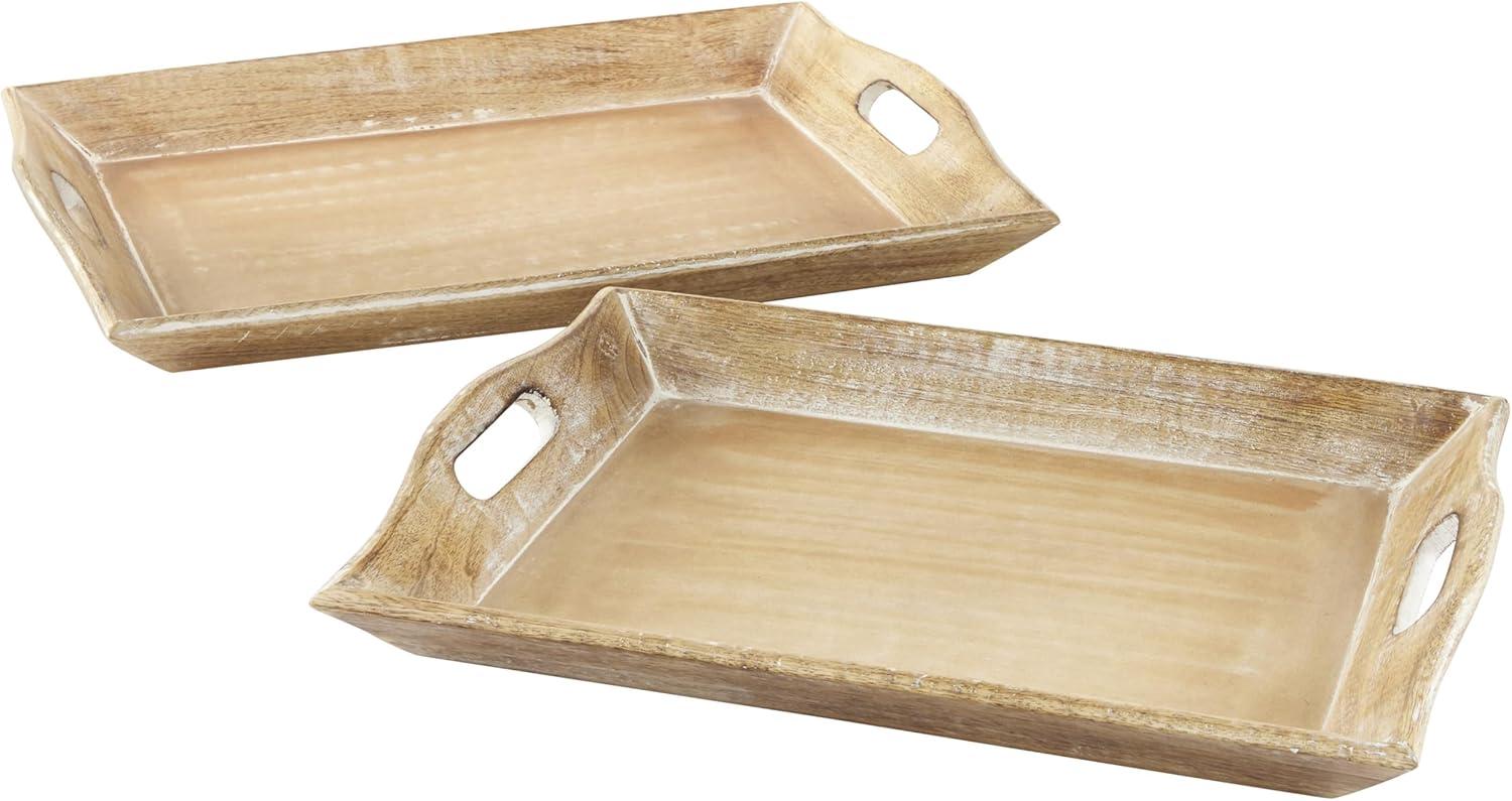 Set of 2 Brown Whitewashed Mango Wood Serving Trays