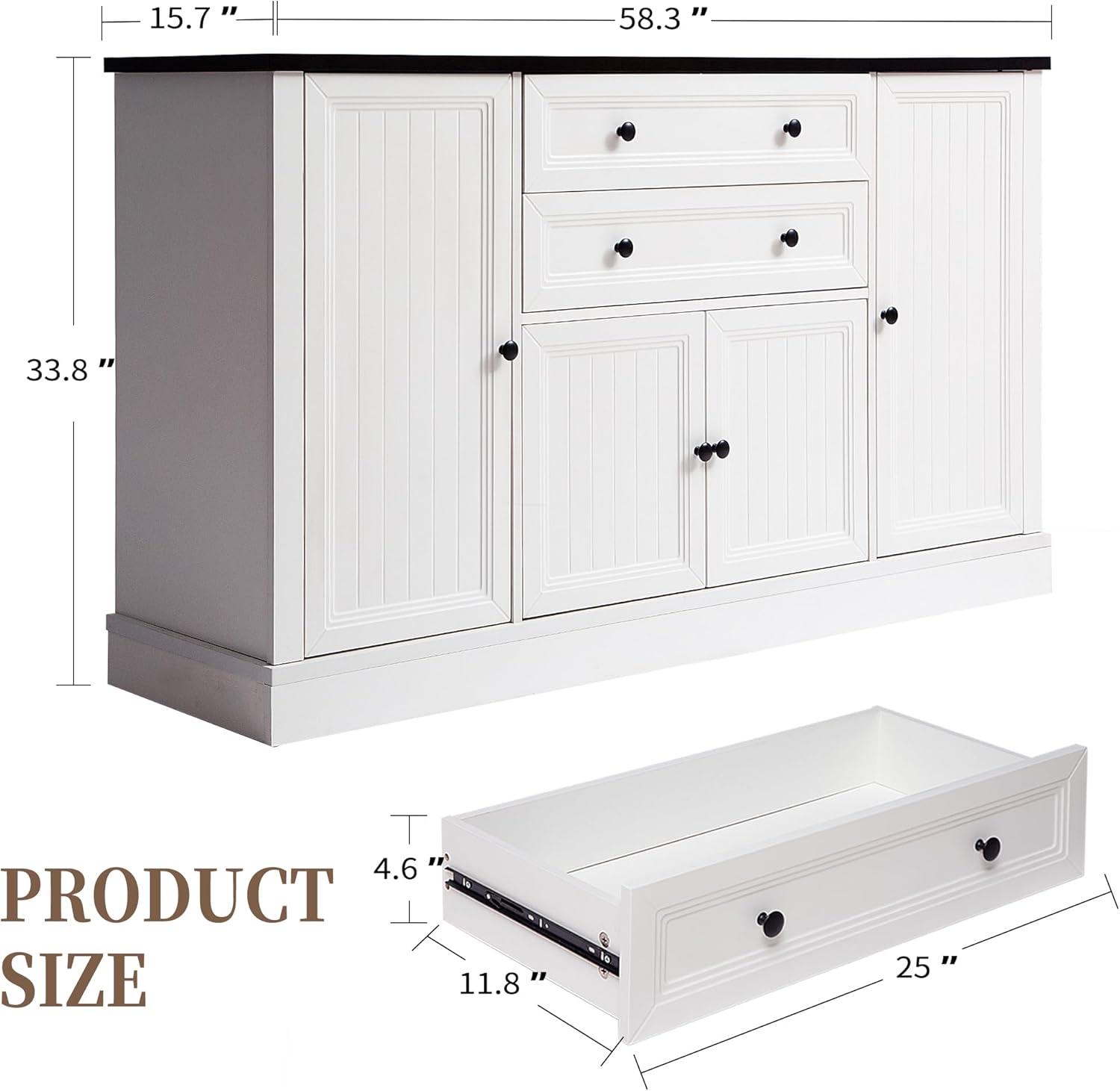 Magic Union 58" Farmhouse Sideboard Buffet Cabinet, Coffee Bar Cabinet with 2 Large Drawers & 4 Grooved Barn Doors, Wood Storage Cabinets for Dinning Room, Kitchen, Living Room, White