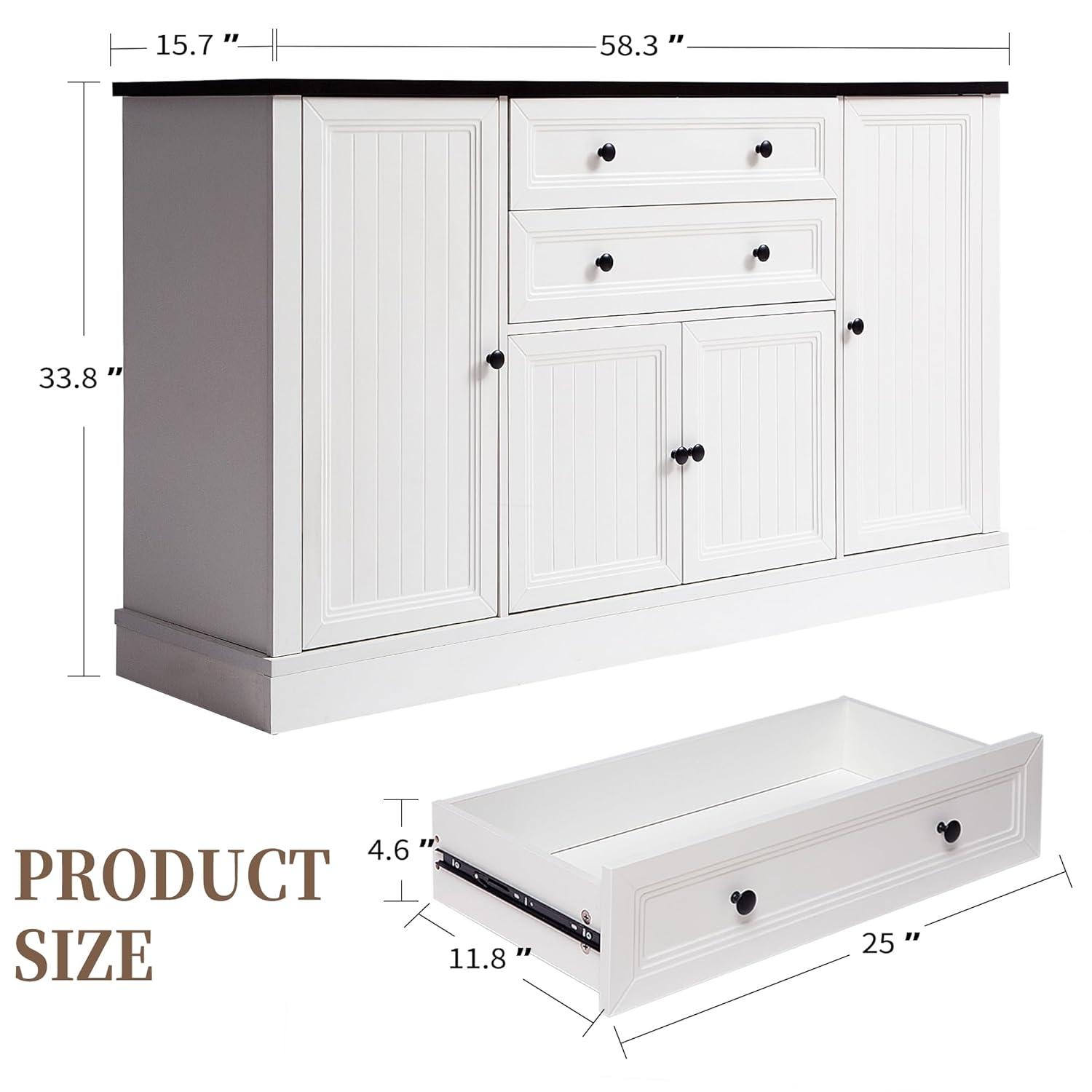 Magic Union 58" Farmhouse Sideboard Buffet Cabinet, Coffee Bar Cabinet with 2 Large Drawers & 4 Grooved Barn Doors, Wood Storage Cabinets for Dinning Room, Kitchen, Living Room, White