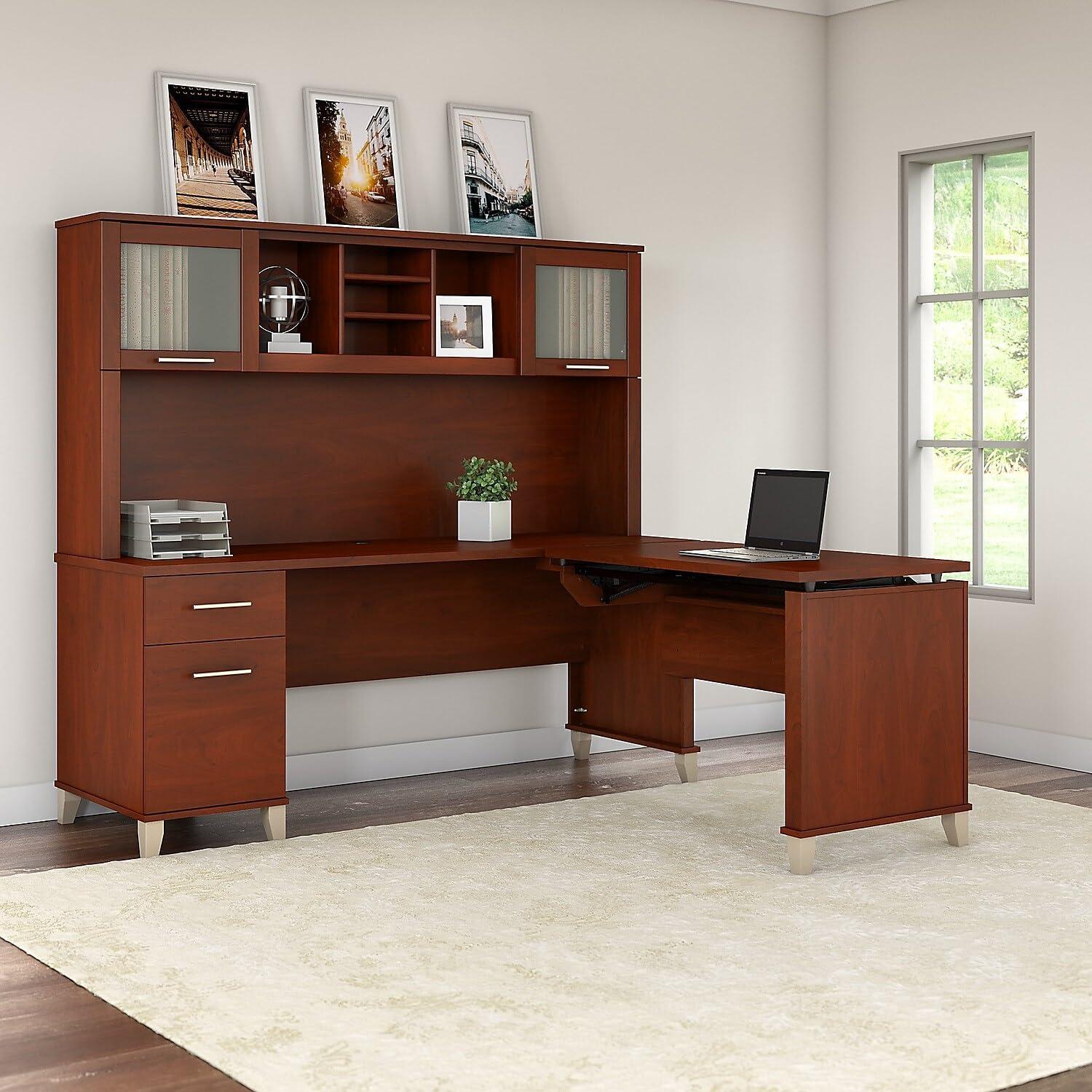 Bush Furniture Somerset 72W Sit to Stand L Desk with Hutch in Hansen Cherry