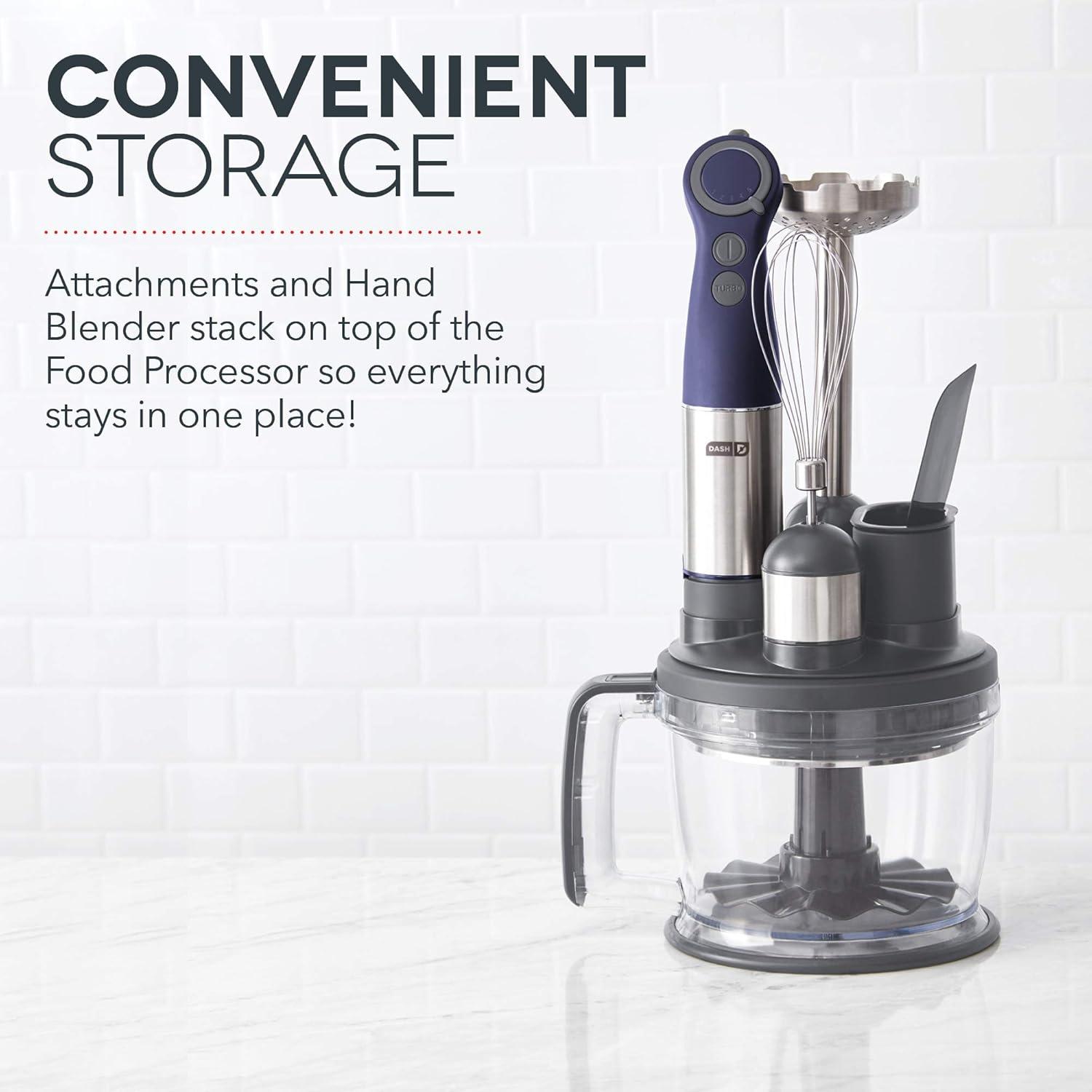 Dash Chef Series Deluxe Immersion Hand Blender, 5 Speed Stick Blender, Stainless Steel Blades, Dough Hooks, Food Processor, Grate, Mash, Slice, Whisk Attachments – Midnight - New