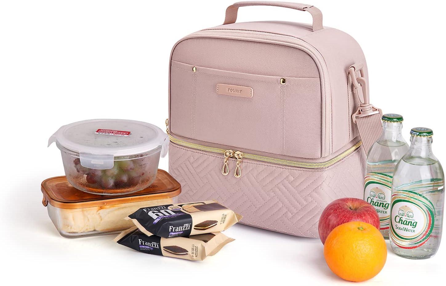 TOURIT Bolsa de Almuerzo Aislada Recipientes de Lonchera Reutilizables, Bolsa Hielera con Dos Pisos y Térmica a Prueba de Fugas, Correa para el Hombro para Mujeres, Hombres, Niños, Escuela de Trabajo, Picnic en la Playa, Rosa