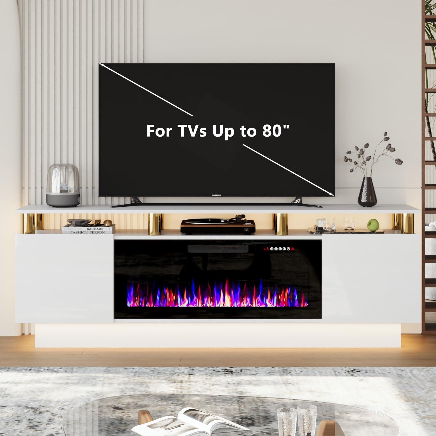 BELLEZE Soporte para Televisor con Chimenea para Televisores de hasta 75", Centro de Entretenimiento con Chimenea Eléctrica de 36", Iluminación Ambiental LED y Almacenamiento, Mesa Consola Multimedia de 69 Pulgadas - Avenue (Blanco)
