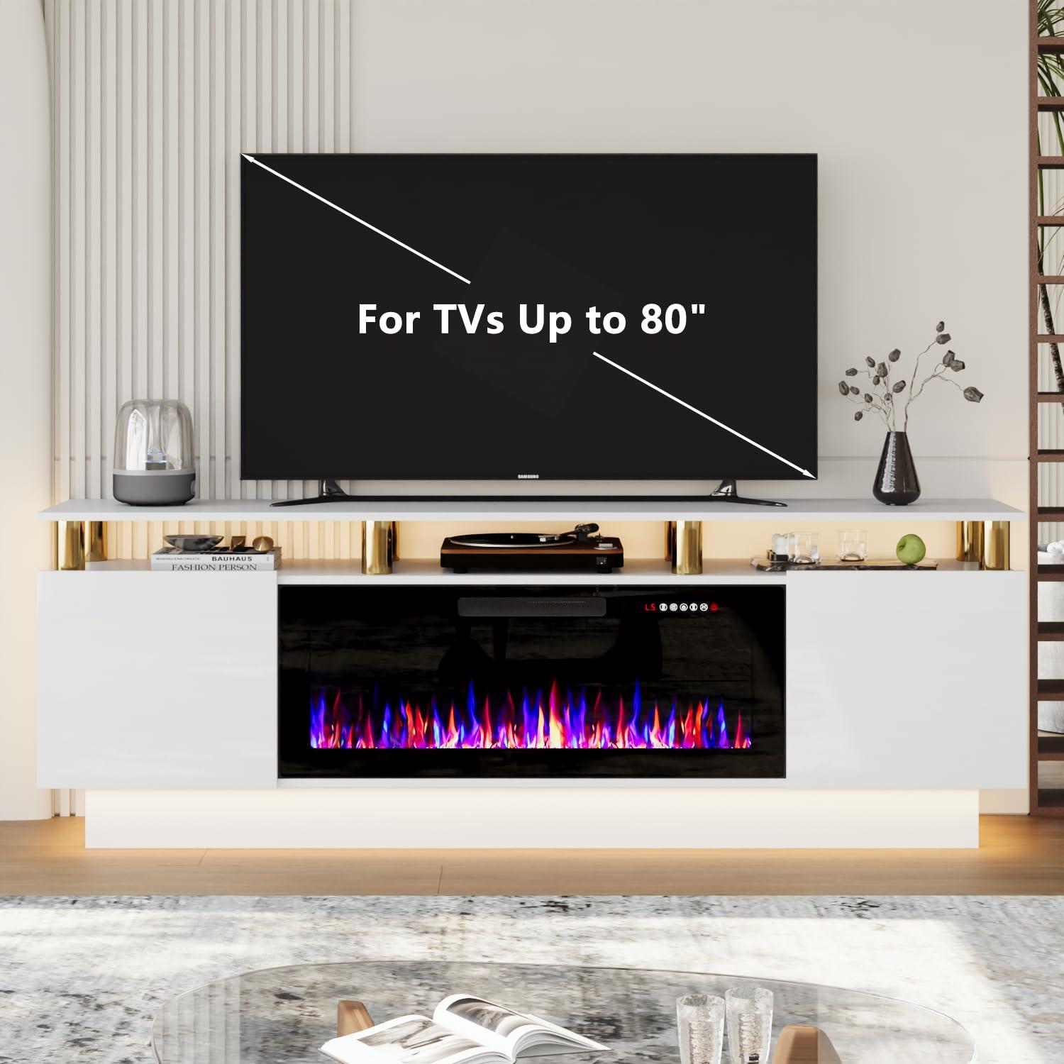 BELLEZE Soporte para Televisor con Chimenea para Televisores de hasta 75", Centro de Entretenimiento con Chimenea Eléctrica de 36", Iluminación Ambiental LED y Almacenamiento, Mesa Consola Multimedia de 69 Pulgadas - Avenue (Blanco)