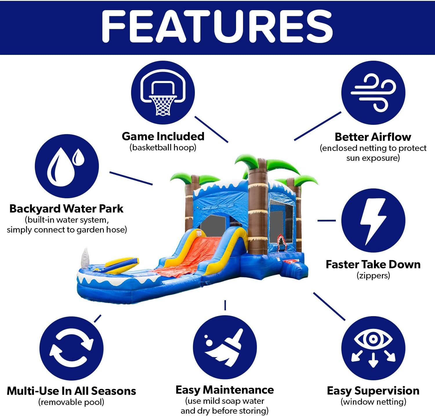 HeroKiddo Ocean Shark Commercial Grade Bounce House Water Slide with Splash Pool for Kids and Adults (with Blower), Basketball Hoop, Outdoor Indoor, Wet Dry Combo, Big Inflatable, Rental Quality