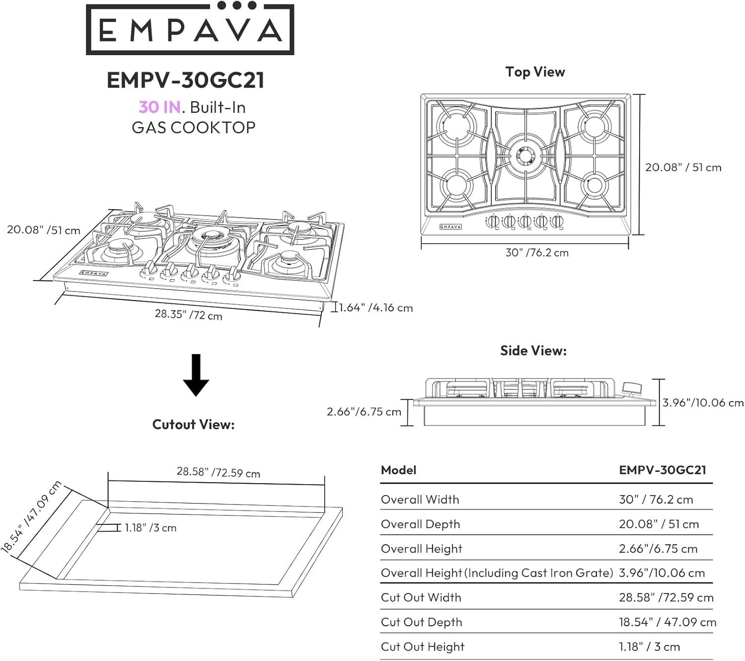 Empava 30 Inch Stainless Steel 5 Burner Gas Cooktop