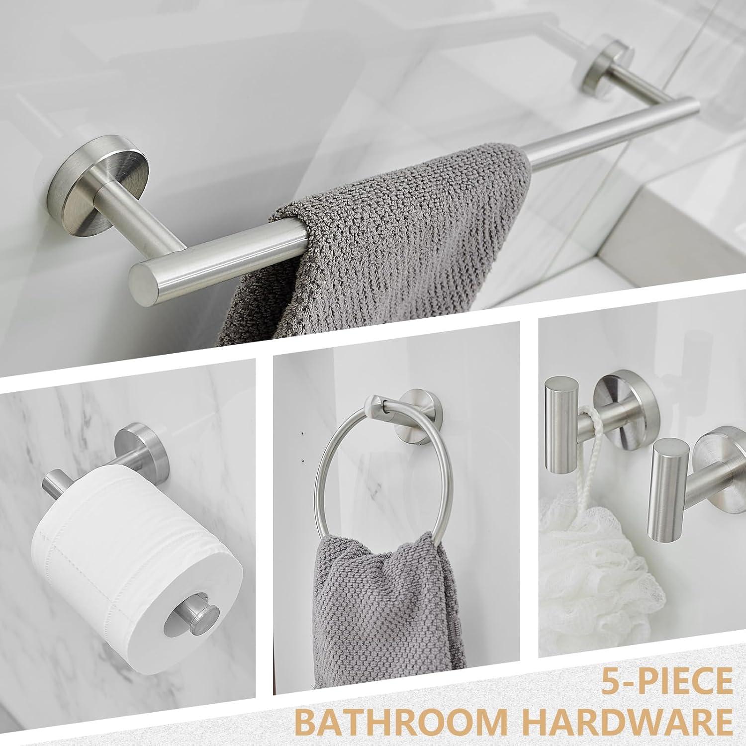 5-Piece Bathroom Hardware Set Matte Black Accessories Include 24-Inch Towel Bar, Towel Ring, Toilet Paper Holder and Robe Hooks Stainless Steel Wall Mounted Towel Hanger