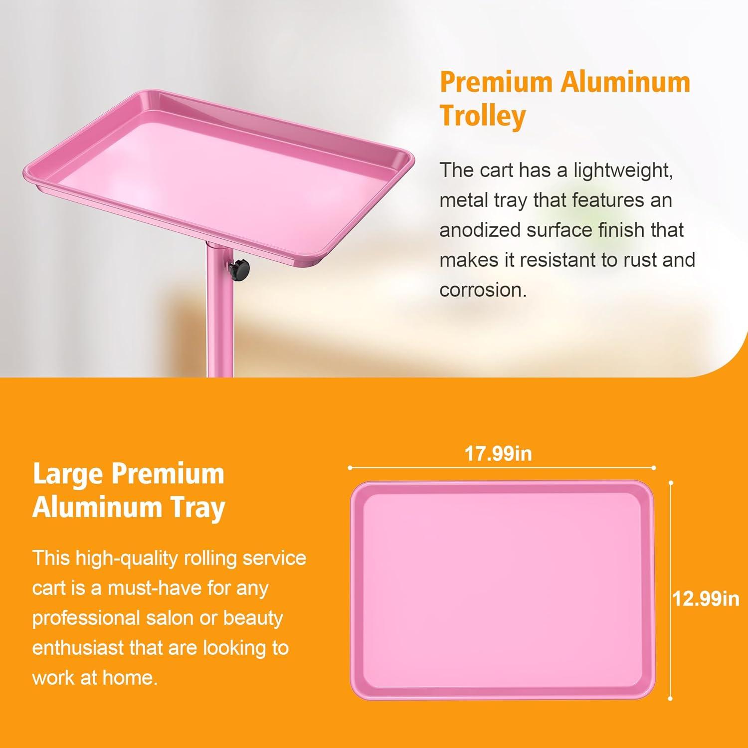 Salon Tray,Height Adjustable Salon Service Rolling Cart,Hair Color Tray with Wheels,Pink