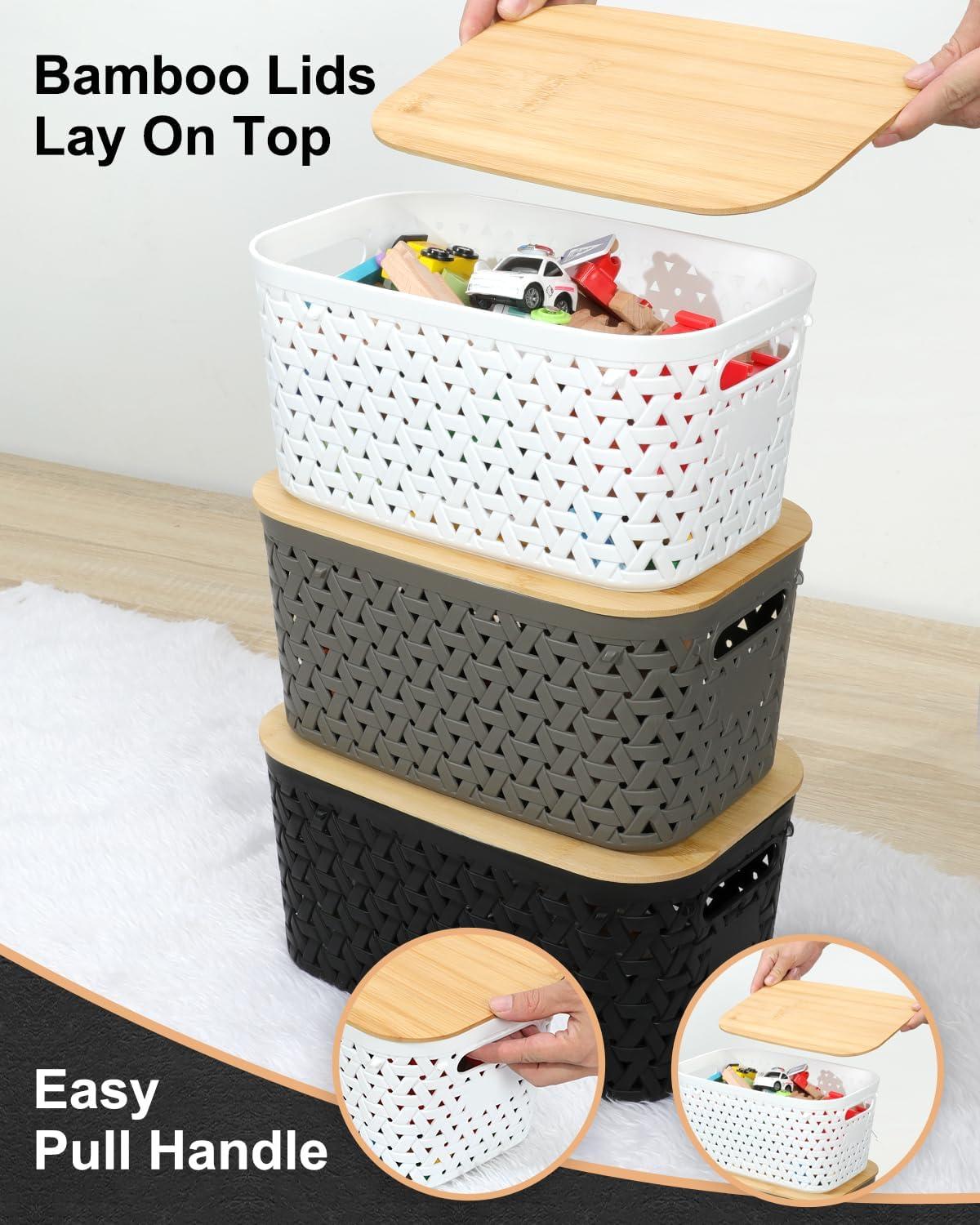 AREYZIN Plastic Storage Bins with Bamboo lids and Stackable Storage Baskets for Shelves Drawers Desktop Closet - Organize Your Home or Office with These Space-Saving Storage Solution,Black