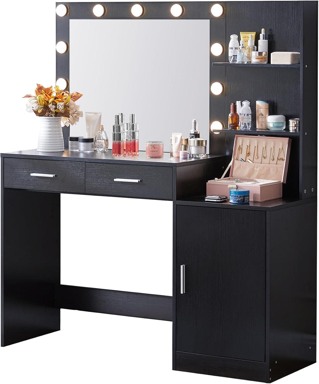 46.7" Vanity Desk with Mirror & LED Lights, Dressing Table with 2 Large Drawers & Vertical Organizer, 3-Tier Storage, 3 Adjustable Lighting Modes, Makeup Desk for Bedroom