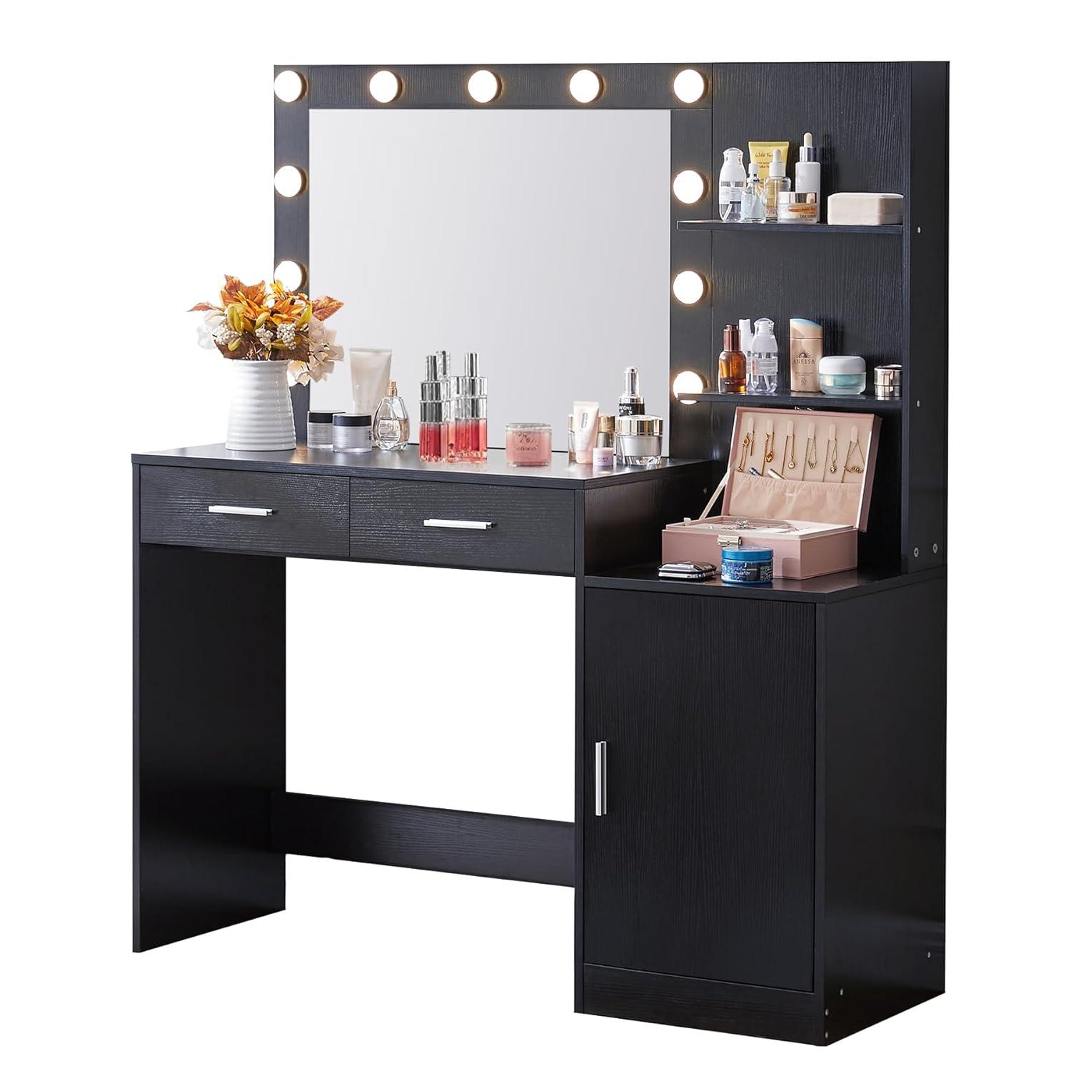 46.7" Vanity Desk with Mirror & LED Lights, Dressing Table with 2 Large Drawers & Vertical Organizer, 3-Tier Storage, 3 Adjustable Lighting Modes, Makeup Desk for Bedroom