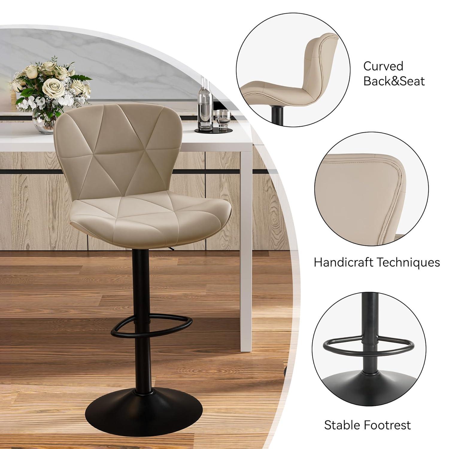 Modern Bar Stool Set of 2, Adjustable Faux Leather Upholstered Swivel Counter Stools, Counter Barstools with Back for Kitchen Island, Khaki