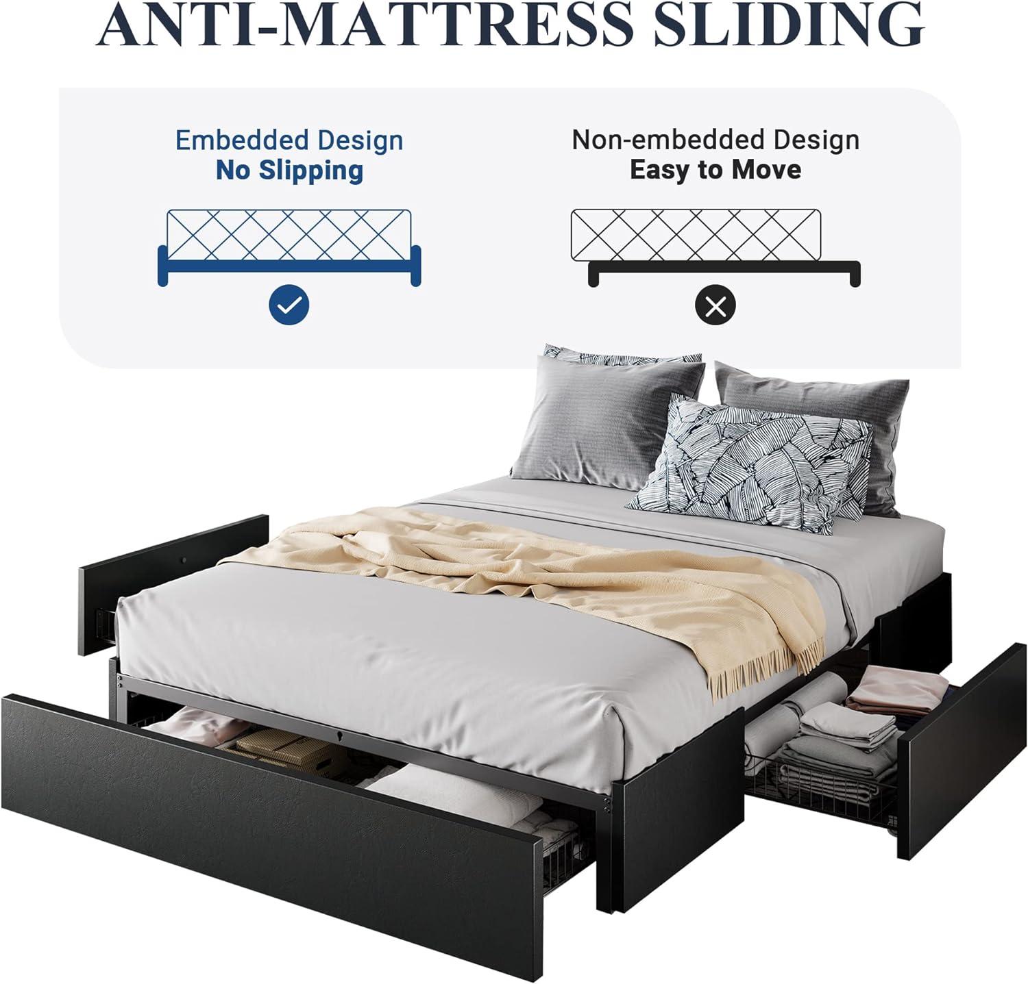 Modern Black Faux Leather Queen Bed Frame with Storage Drawers