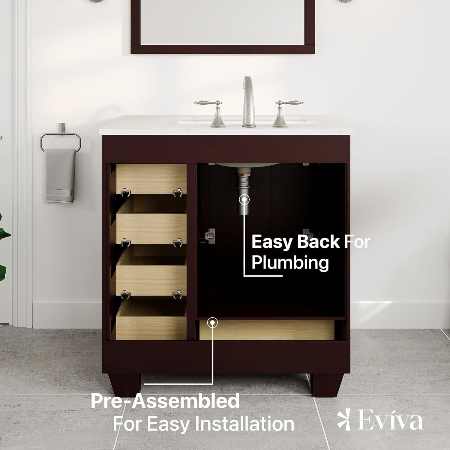 Eviva Acclaim 30"W x 22"D Teak Bathroom Vanity with White Carrara Quartz Vanity Top and Rectangular Undermount Sink