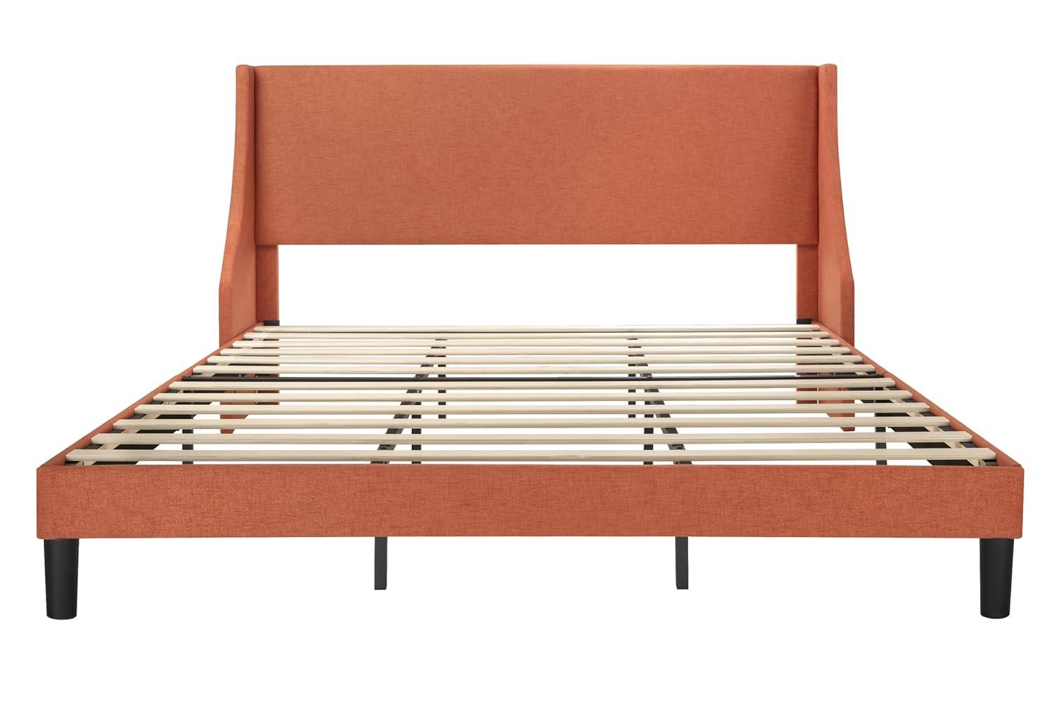 SHA CERLIN Upholstered Bed Frame King Size with Streamlined Wingback Headboard, Breathable Linen Fabric, Solid Wooden Slats, Easy Assembly, Orange