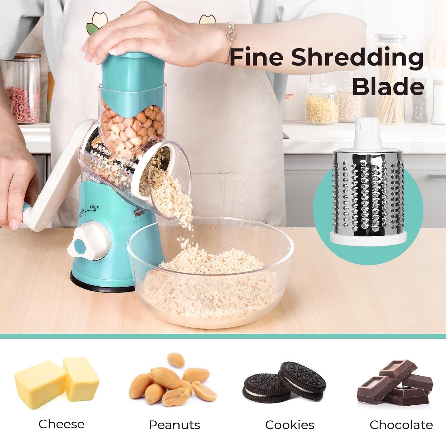 XDDST Cheese Grater Hand Crank With Handle Manual Cheese With Suction Base Vegetable Slicer Grinder Cheese With 3 Interchangeable Blue