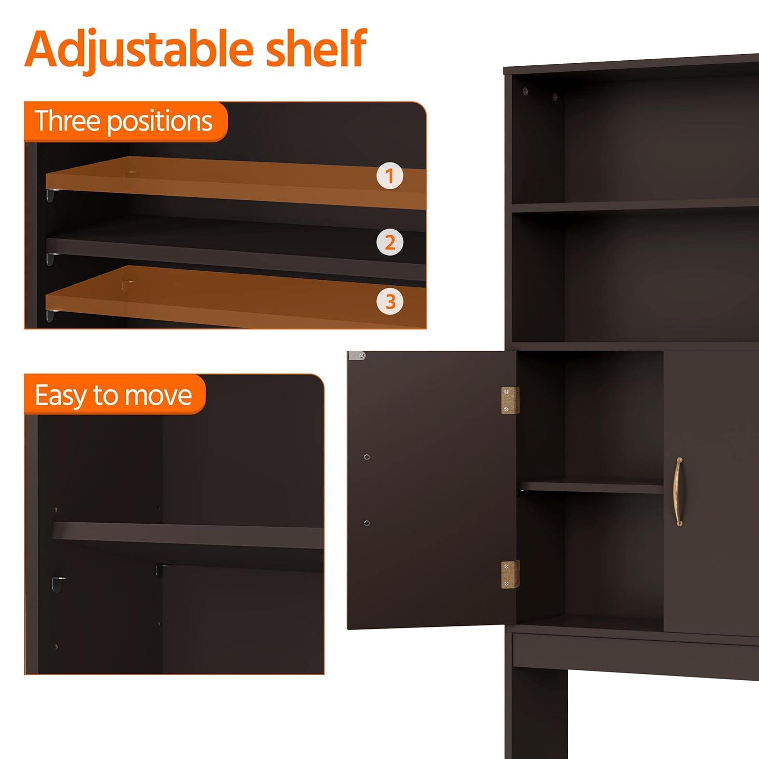 Killeryuki Over The Toilet Storage, Taller Bathroom Organizer Space-Saving Storage Cabinet with Adjustable Shelves and Double Doors, 77 in H, Espresso