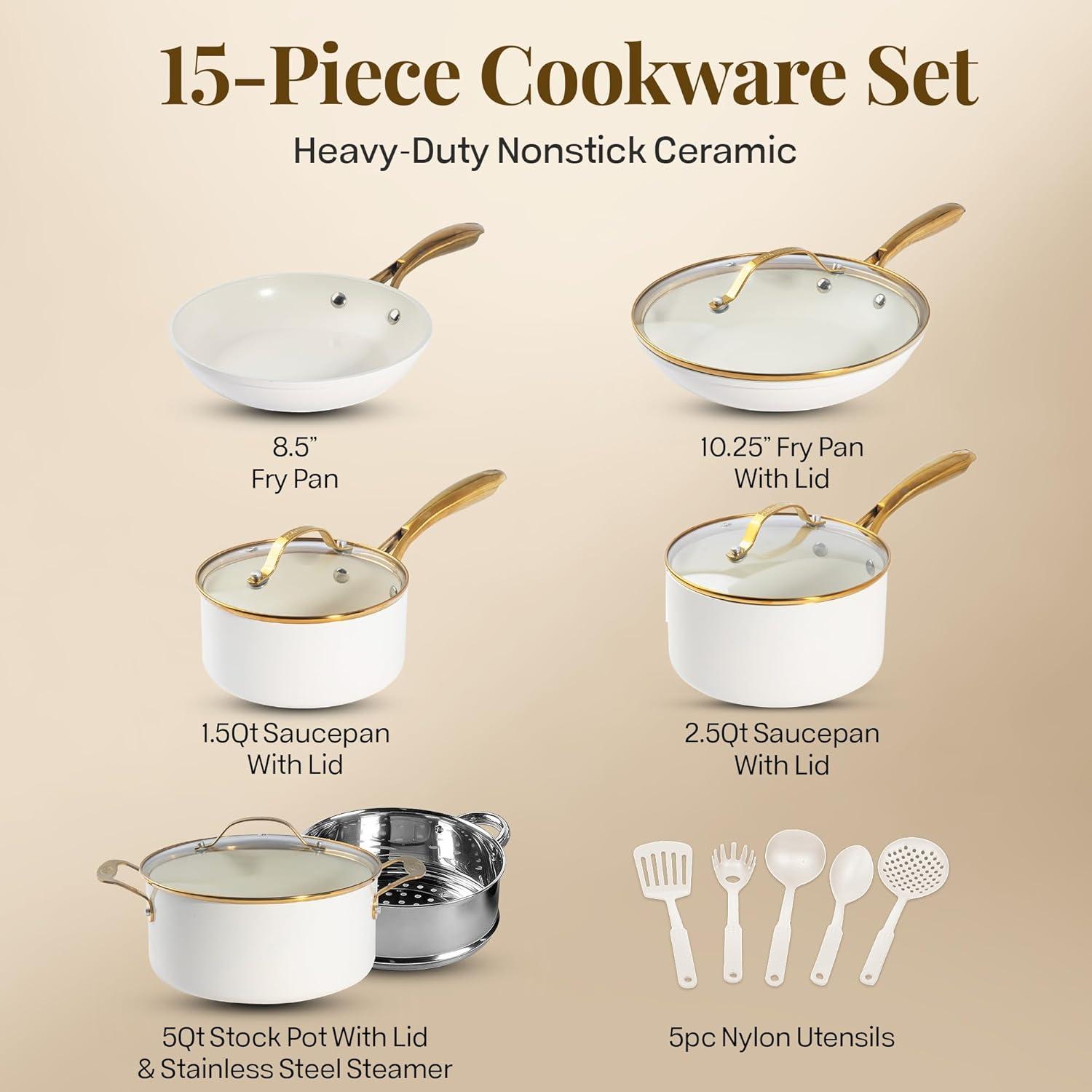 Gotham Steel Cream 15-Piece Ultra Nonstick Ceramic Cookware Set with Utensils with Gold Handles