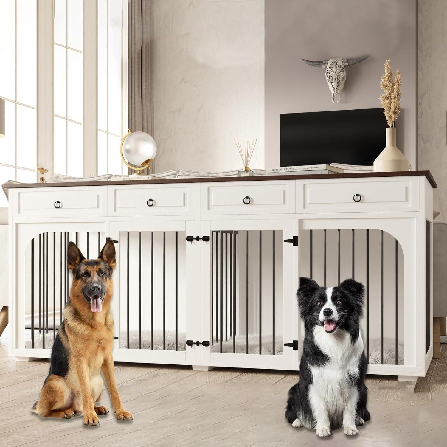 Tucker Murphy Pet™ 74.8" XXL Double Dog Kennel Furniture For Large Breed,Heavy Duty Wooden Dog Crate Cage Furniture Style With Storage Rack And Divider For 2 Dogs Indoor,White & Reviews | Wayfair
