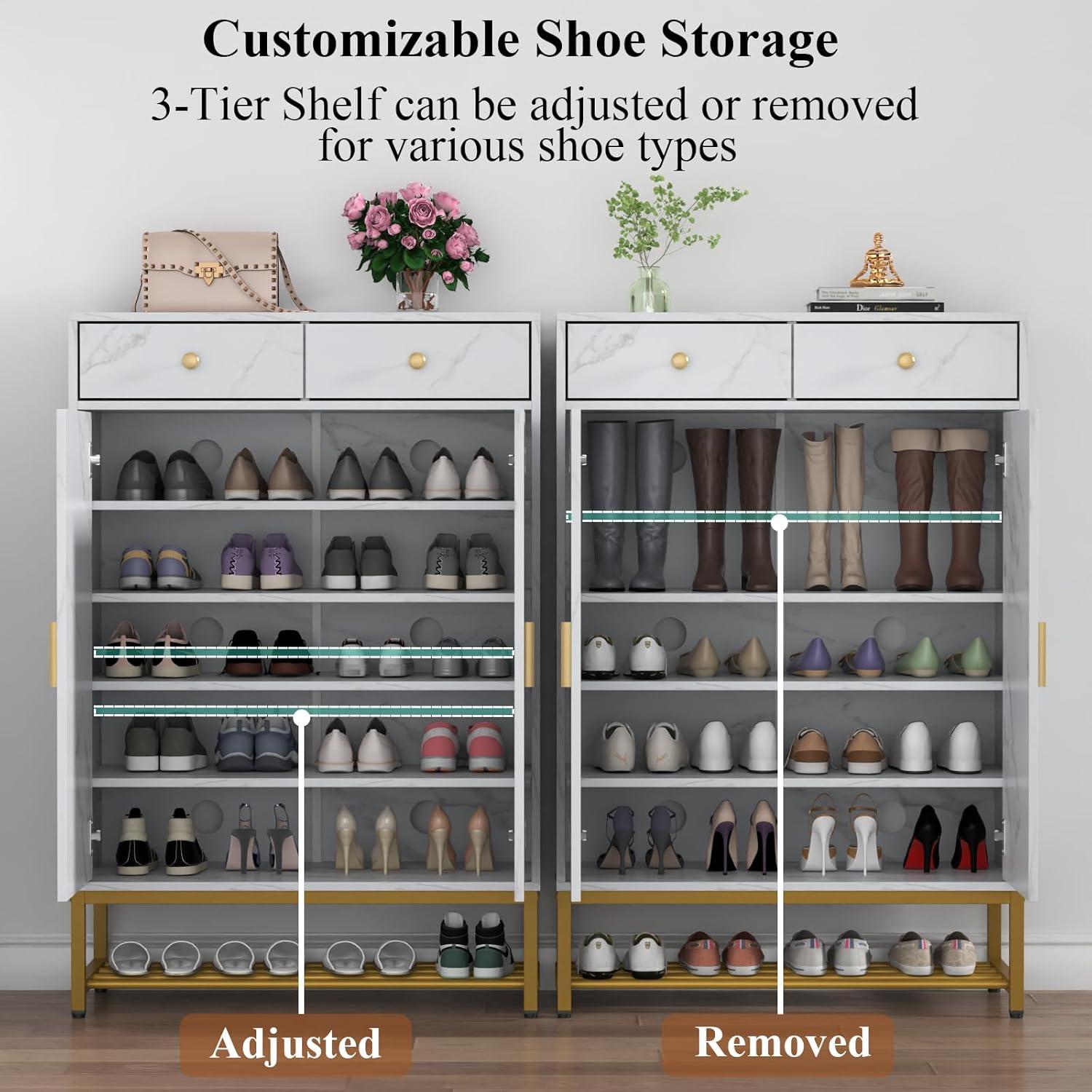 White Faux Marble 6-Tier Shoe Cabinet with Adjustable Shelves