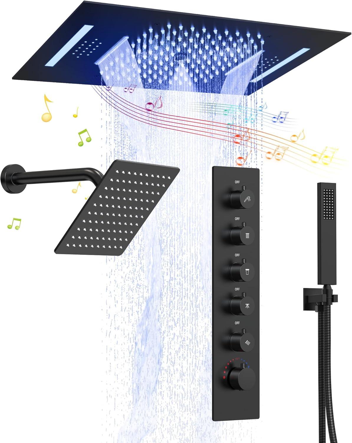 Music Thermostatic Shower System,Dual Showerheads with LED Mood Lighting
