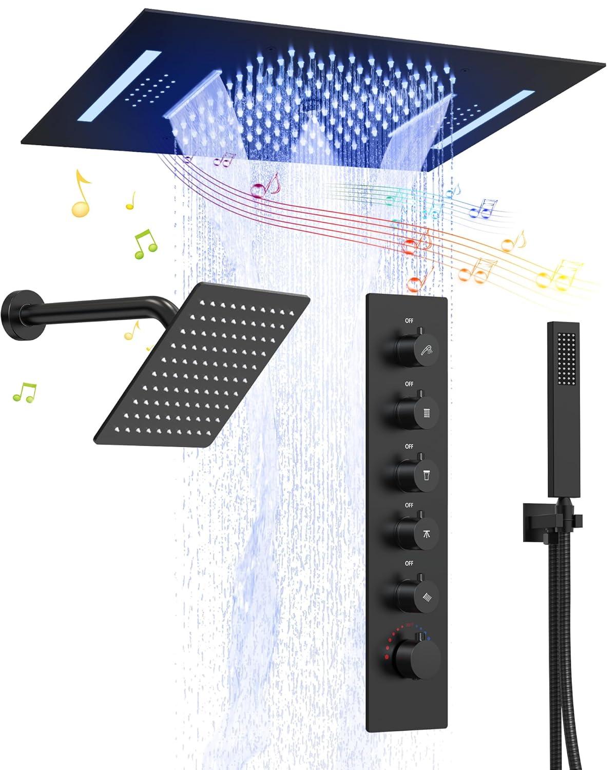 EVERSTEIN Music Thermostatic Shower System,Dual Showerheads with LED Mood Lighting SFS-1051-BK
