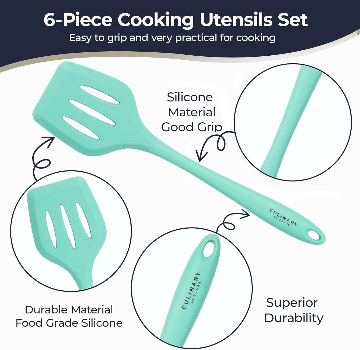 Aqua Sky Silicone Cooking Utensils Set - Nonstick Kitchen Utensil Kit with Steel Core - Complete Set of 6 Essential Tools for Everyday Cooking - Heat-Resistant, Food-Grade Silicone - Protects Your Coo