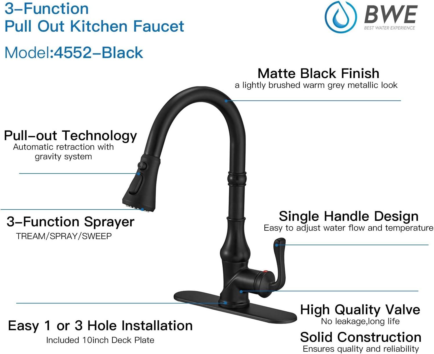 BWE Single-Handle Pull-Down Sprayer 3 Spray High Arc Kitchen Faucet With Deck Plate