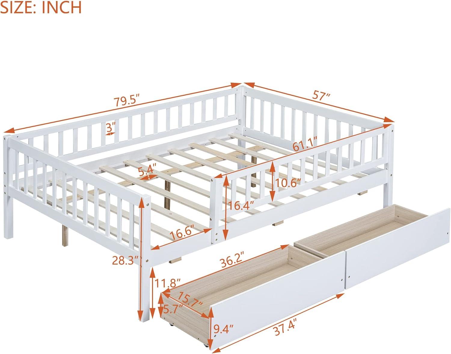 DEINPPA Full Bed with Drawers, Kids Daybed with Storage, Wooden Bed Frame with Slat for Kids Children Toddlers Boys Girls-White