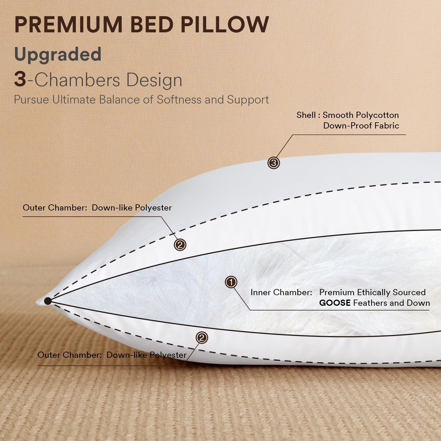 Peace Nest Set of 2 Goose Down Feather Oval Gusseted Bed Pillows with 100% Cotton Cover - White Queen